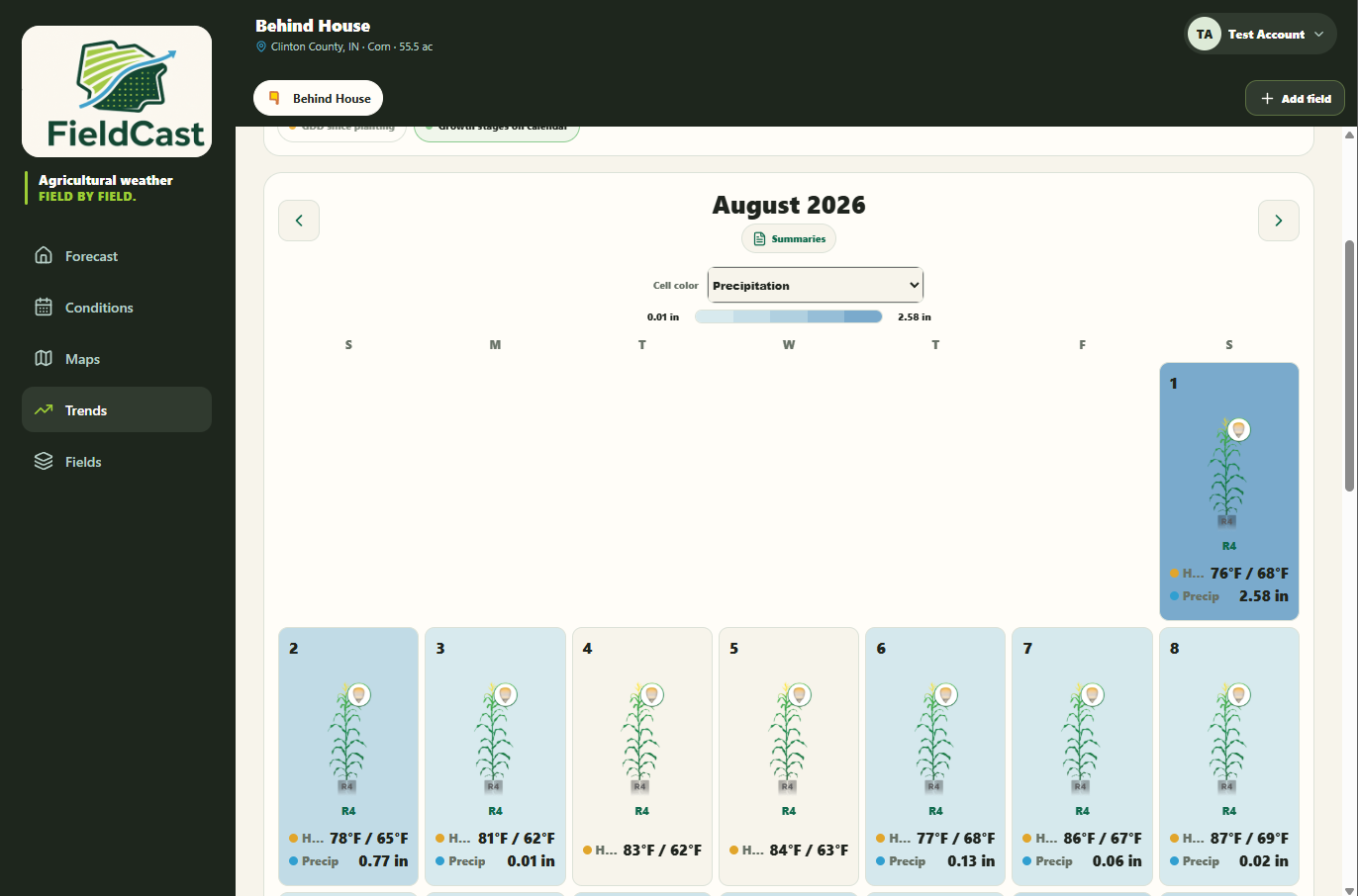 FieldCast August field calendar showing daily crop growth stages, temperatures, and precipitation