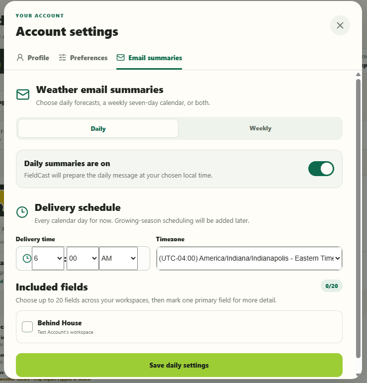 FieldCast email summary settings with daily and weekly scheduling controls