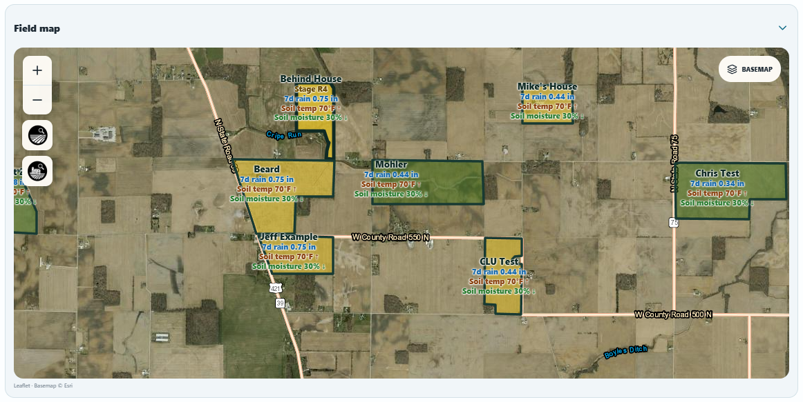 FieldCast field map showing multiple saved field boundaries and field-level weather values