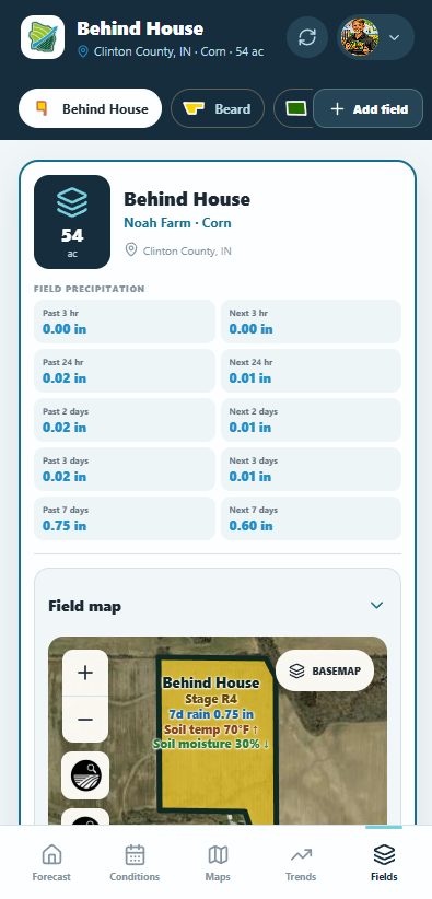 FieldCast mobile field details with precipitation summary and field map