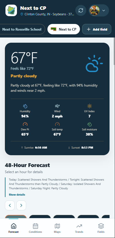FieldCast mobile forecast showing current weather and a 48-hour forecast