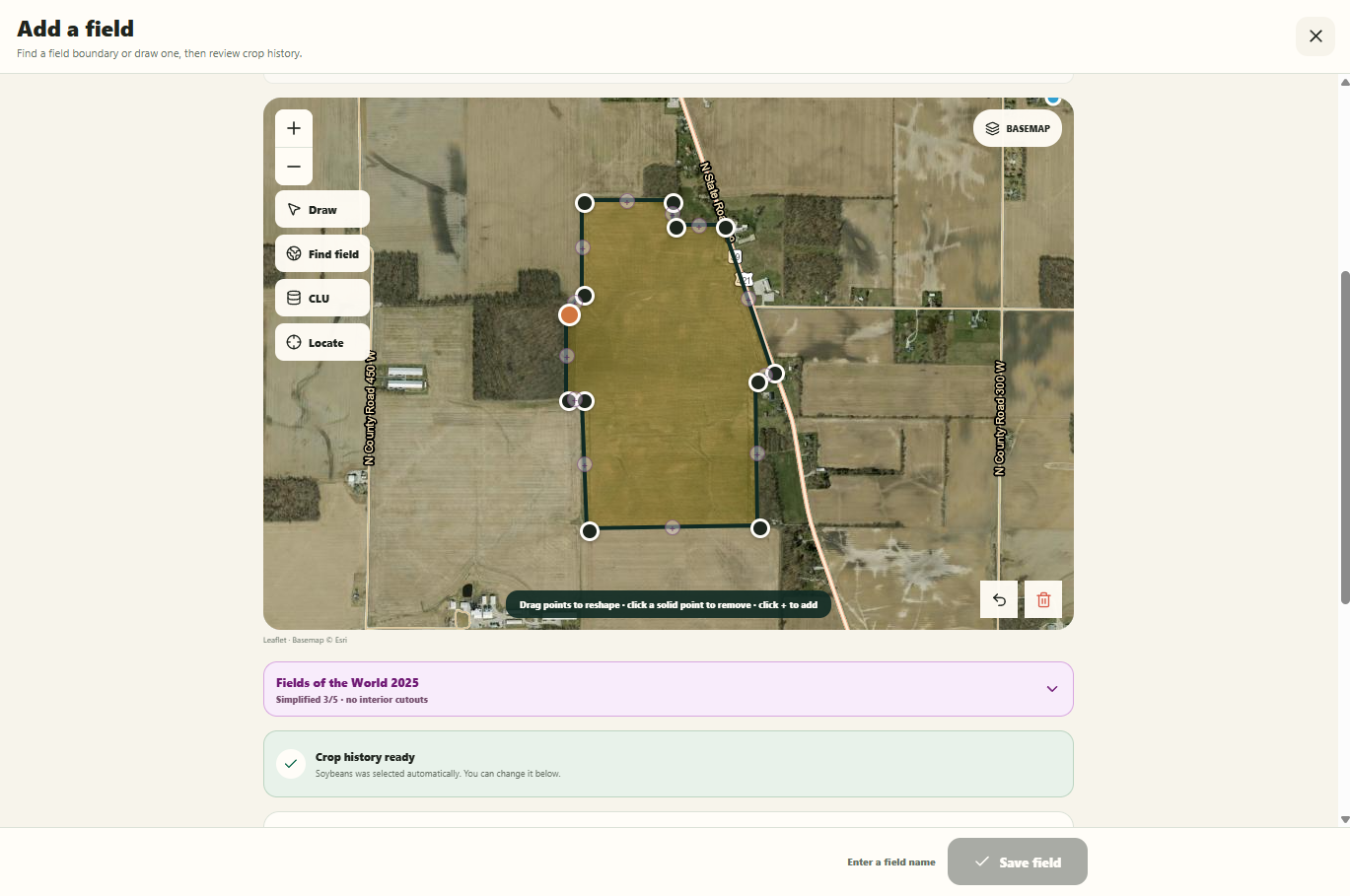 FieldCast field creation map with an editable field boundary