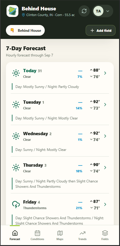 FieldCast mobile seven-day forecast