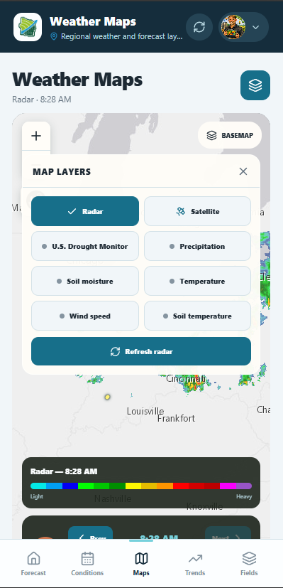 FieldCast Weather Maps layer selector