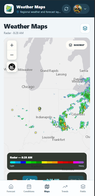 FieldCast radar map centered over the Midwest